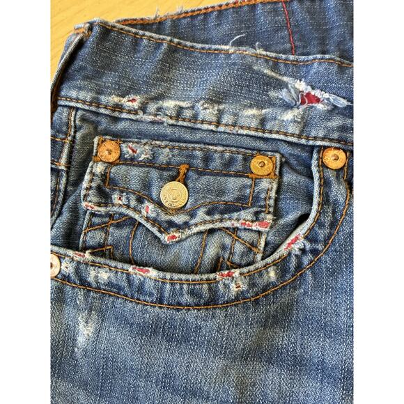 True Religion Skinny Flap Orange Stitch Jeans Mens 33 X 33 Red Distressed Thrash - Picture 16 of 16